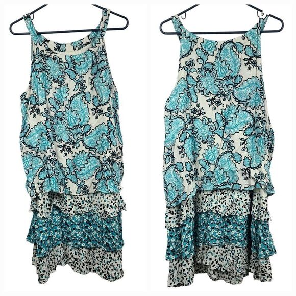 Cato Women's XL Turquoise Floral Paisley Print Halter Dress Tiered Sleeveless - Picture 2 of 9